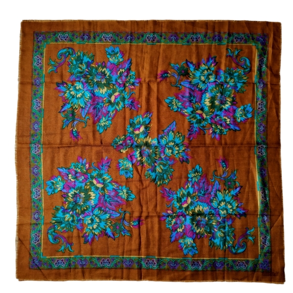 Challis by Berkshire vintage brown bright blue lavender floral scarf acrylic - Picture 3 of 7